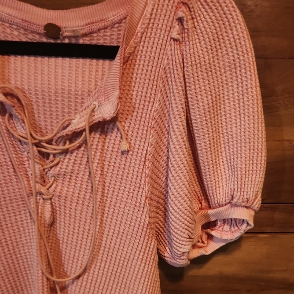 Free People Pink and White Puff Sleeve Blouse with Ruffled Tie Front - Picture 5 of 7